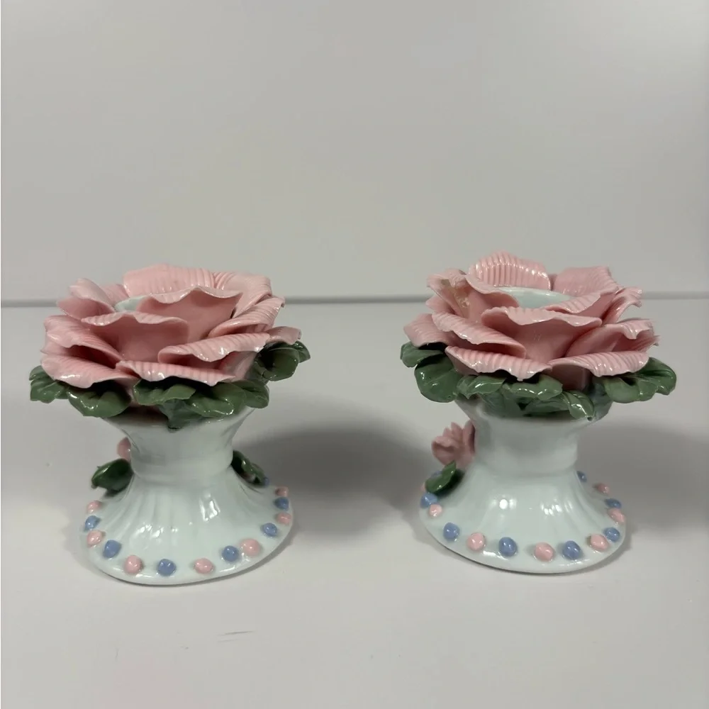 Vintage Porcelain Tapered Candle Holders with Pink and Blue Roses.  3”T x 2.25”W